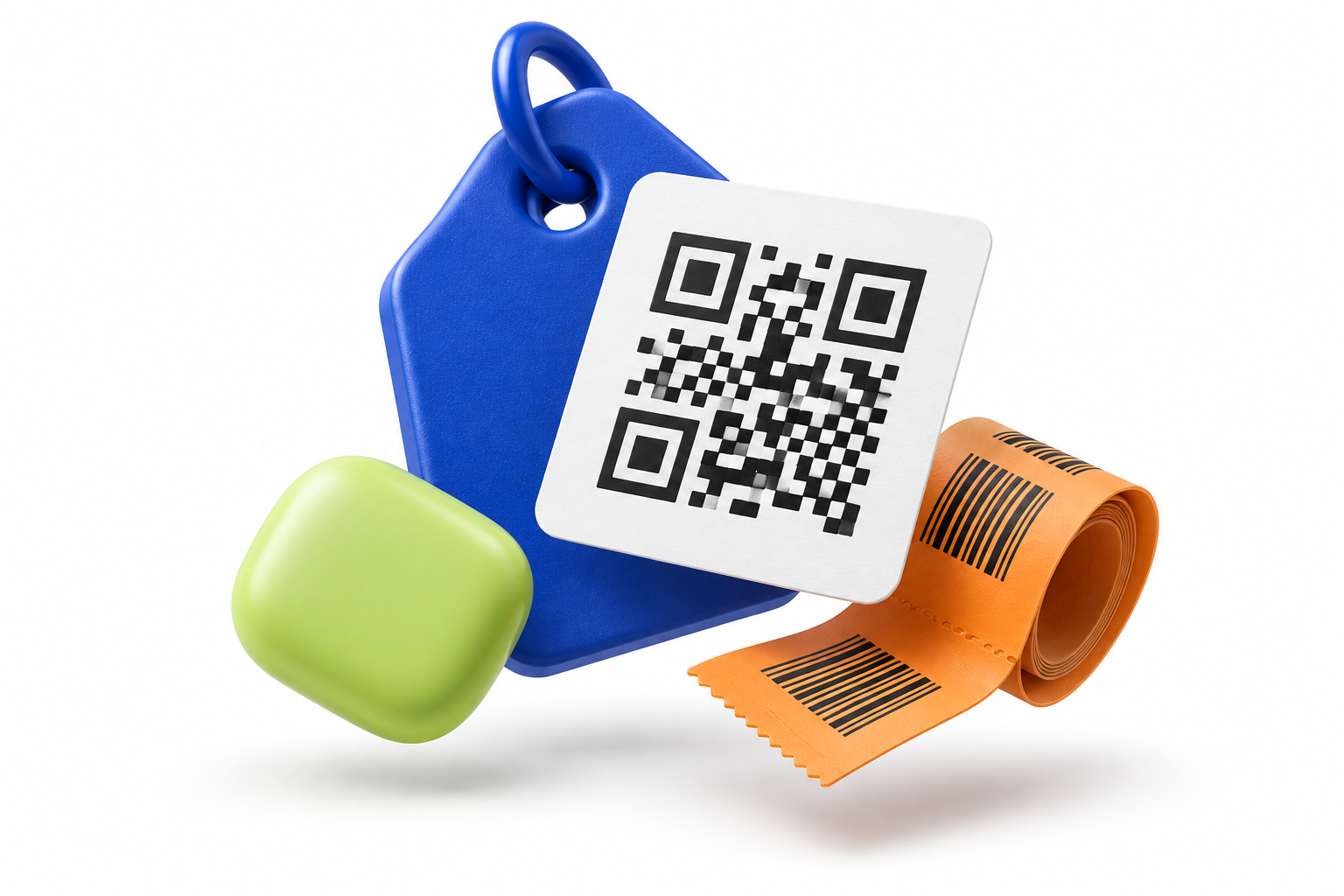Объёмная композиция из QR-карточки, синей бирки и оранжевой этикетки